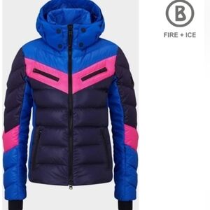 New Bogner Fire + Ice Farina 3 Blue Pink Puffer Jacket Ski Coat Hooded Down L/XL